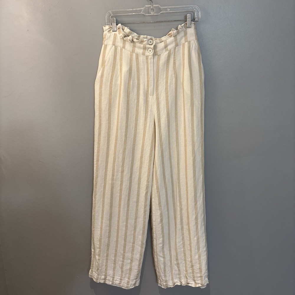 New York & Company Cream Tan Striped Wide Leg Paper bag Waist Size 8 High Waist